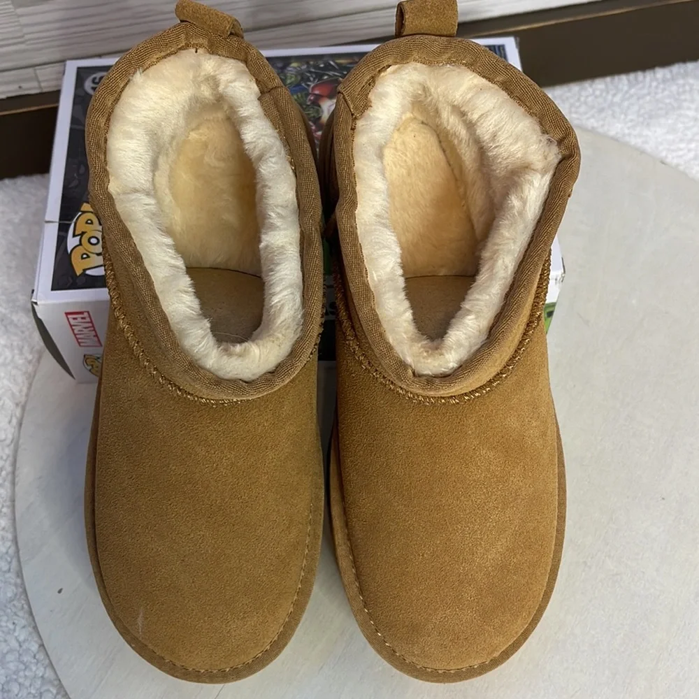Brown Platform Mini Boot Short Ankle Fur Fleece Ultra Platform Anti-Slip…